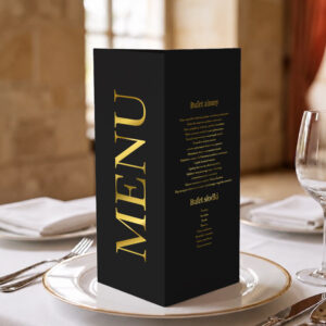 menu ślubne czarno-złote, menu ślubne czarne ze złoceniem, menu ślubne czarne stożek 3w1