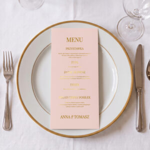 menu ślubne różowo-złote, menu ślubne różowe ze złoceniem, menu ślubne różowe leżące