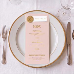 menu ślubne różowo-złote, menu ślubne różowe ze złoceniem, menu ślubne różowe z winietką i lakiem