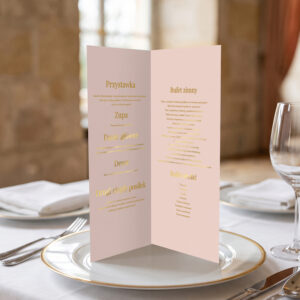 menu ślubne różowo-złote, menu ślubne różowe ze złoceniem, menu ślubne różowe otwierane stojące