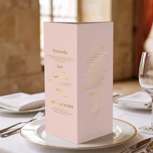 menu ślubne różowo-złote, menu ślubne różowe ze złoceniem, menu ślubne różowe stożek 3w1