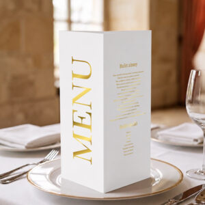 menu ślubne biało-złote, menu ślubne białe ze złoceniem, menu ślubne biało-złote stożek 3w1