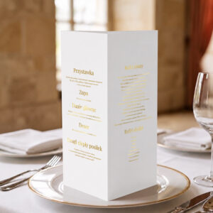 menu ślubne biało-złote, menu ślubne białe ze złoceniem, menu ślubne biało-złote stożek 3w1