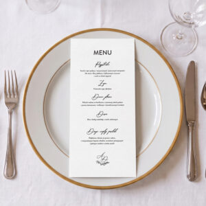 menu weselne z listkiem, menu weselne minimalistyczne czarno-białe, menu weselne klasyczne leżące