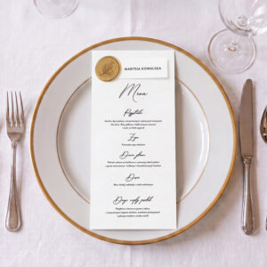 menu weselne z listkiem, menu weselne minimalistyczne czarno-białe, menu weselne klasyczne leżące z winietką i lakiem