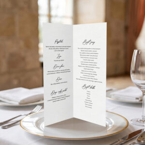 menu weselne z listkiem, menu weselne minimalistyczne czarno-białe, menu weselne klasyczne otwierane stojące