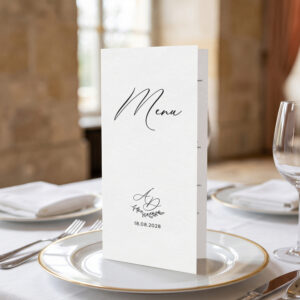 menu weselne z listkiem, menu weselne minimalistyczne czarno-białe, menu weselne klasyczne otwierane stojące