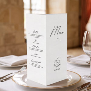 menu weselne z listkiem, menu weselne minimalistyczne czarno-białe, menu weselne klasyczne stożek 3w1