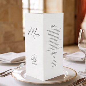 menu weselne z listkiem, menu weselne minimalistyczne czarno-białe, menu weselne klasyczne stożek 3w1