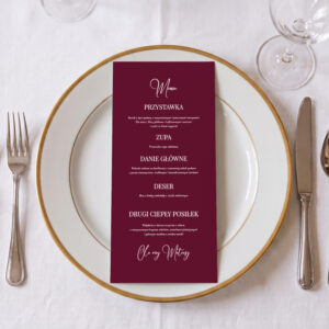 menu ślubne klasyczne bordowe biały zadruk, menu ślubne bordowo-białe, menu weselne biało-bordowe leżące