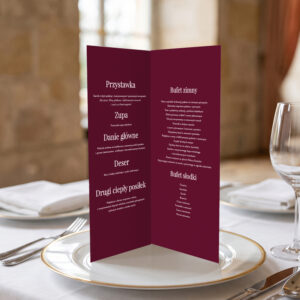 menu ślubne klasyczne bordowe biały zadruk, menu ślubne bordowo-białe, menu weselne biało-bordowe otwierane stojące