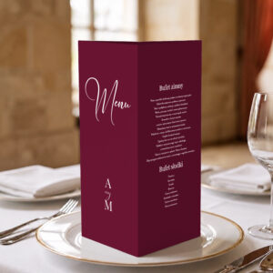 menu ślubne klasyczne bordowe biały zadruk, menu ślubne bordowo-białe, menu weselne biało-bordowe stożek 3w1