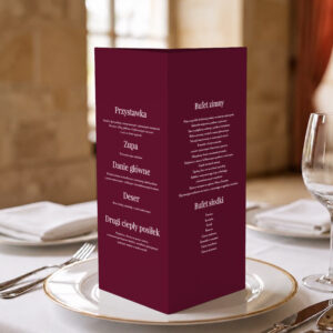 menu ślubne klasyczne bordowe biały zadruk, menu ślubne bordowo-białe, menu weselne biało-bordowe stożek 3w1