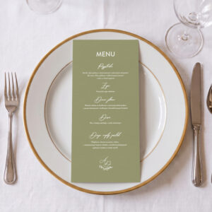 menu weselne z listkiem kolorowe, menu weselne minimalistyczne biały zadruk, menu weselne klasyczne leżące