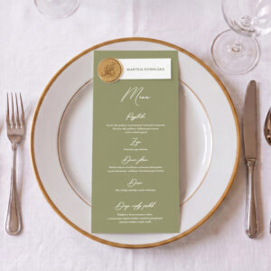 menu weselne z listkiem kolorowe, menu weselne minimalistyczne biały zadruk, menu weselne klasyczne leżące  z winietką i lakiem