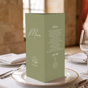 menu weselne z listkiem kolorowe, menu weselne minimalistyczne biały zadruk, menu weselne klasyczne stożek 3w1