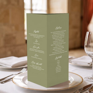 menu weselne z listkiem kolorowe, menu weselne minimalistyczne biały zadruk, menu weselne klasyczne stożek 3w1