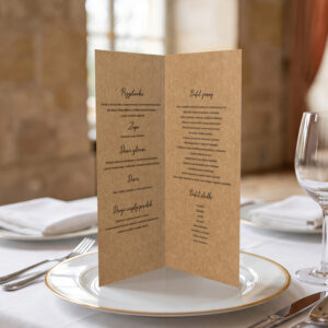 menu weselne ekologiczne, menu weselne minimalistyczne papier eko, menu weselne na papierze eko otwierane stojące