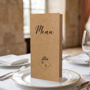 menu weselne ekologiczne, menu weselne minimalistyczne papier eko, menu weselne na papierze eko otwierane stojące