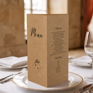 menu weselne ekologiczne, menu weselne minimalistyczne papier eko, menu weselne na papierze eko stożek 3w1