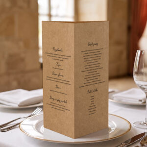 menu weselne ekologiczne, menu weselne minimalistyczne papier eko, menu weselne na papierze eko stożek 3w1