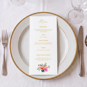 menu z kwiatuszkami, menu z kolorowymi kwiatami, menu kwiatowe leżące