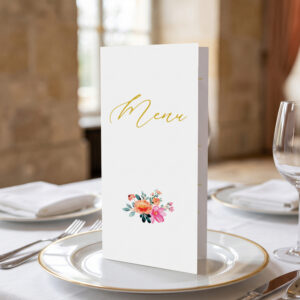 menu z kwiatuszkami, menu z kolorowymi kwiatami, menu kwiatowe otwierane stojące