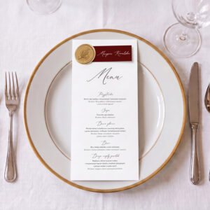 minimalistyczne menu weselne, menu weselne leżące, menu weselne z winietką i lakiem
