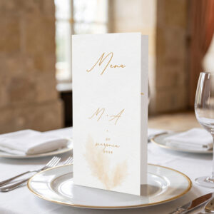 menu weselne z trawą pampasową, boho menu ślubne, menu ślubne z pampasem