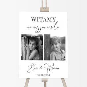 tablica powitalna ze zdjęciami pary młodej, tablica powitalna na wesele personalizowana, tablica powitalna ze zdjęciami