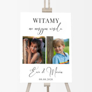 tablica powitalna ze zdjęciami pary młodej, tablica powitalna na wesele personalizowana, tablica powitalna ze zdjęciami