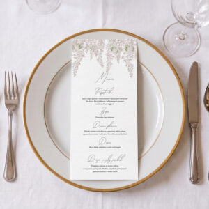 menu ślubne z kwiatami, menu ślubne z wisterią, menu weselne z kwiatuszkami