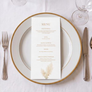 menu ślubne boho, menu weselne z trawą pampasową i eustomą, menu ślubne rustykalne