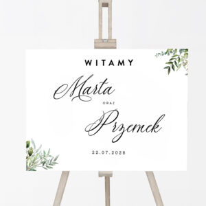 tablica powitalna na wesele, minimalistyczna tablica powitalna, tablica powitalna z zielenią greenery