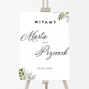 tablica powitalna na wesele, minimalistyczna tablica powitalna, tablica powitalna z zielenią greenery